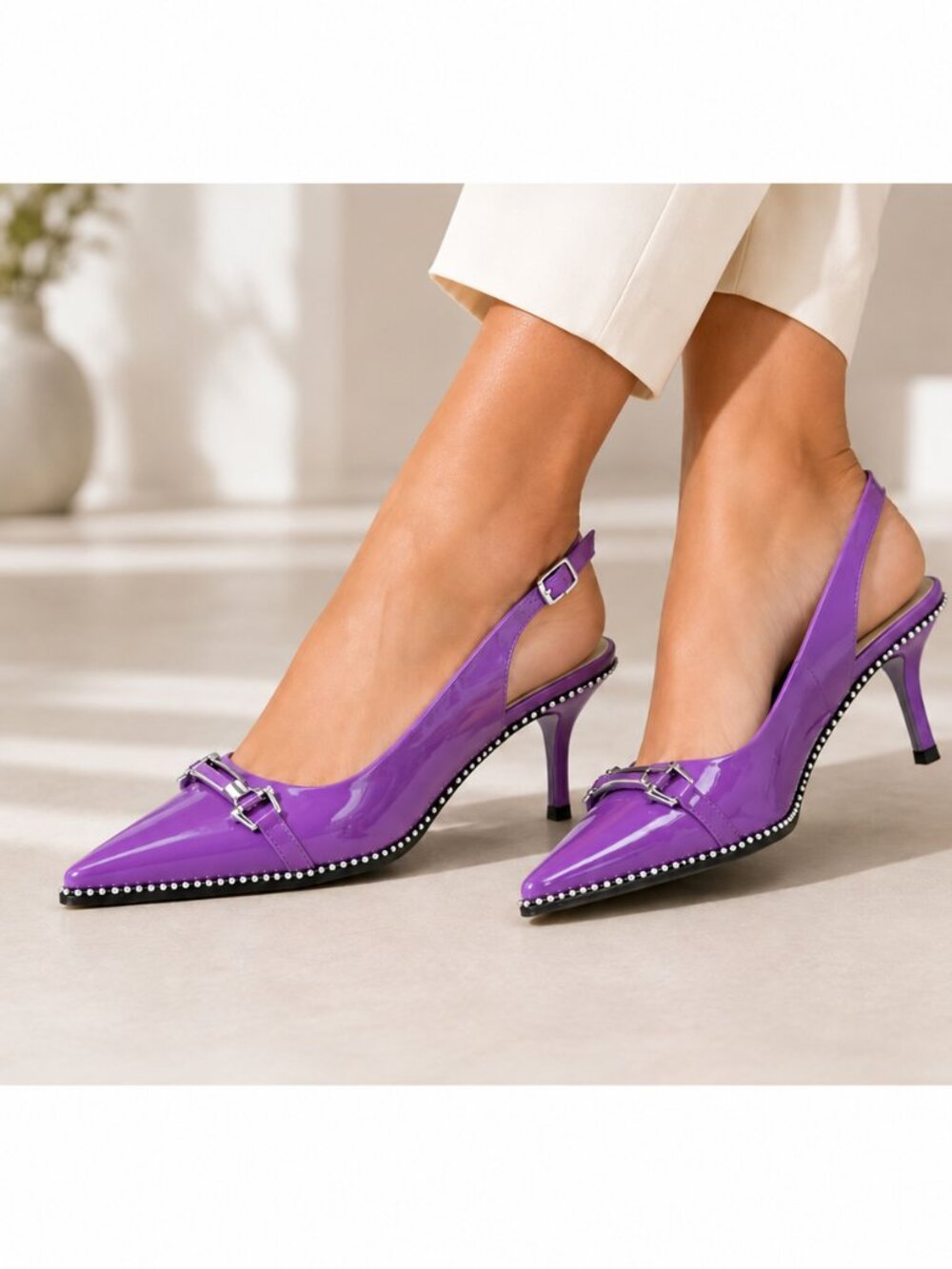 Purple Vegan Patent Leather Pointed-Toe Slingback Kitten Heel Shoes Silver 7